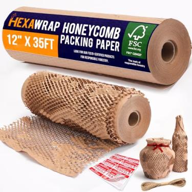 Imagem de HEXAWRAP Papel De Embalagem Honeycomb 12" X 35 Pés Com Corda E 20 Adesivos Frágeis | Suprimentos Para Remessa E Mudança | Suprimentos Para Embalagem De Pequenas Empresas | Caixas De Embalagem De Plá