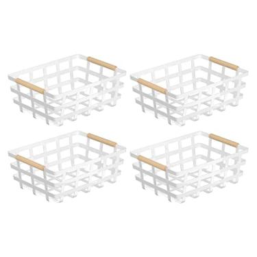 Imagem de Cestas grandes de metal com arame, organizador de armazenamento funcional e grosso, cesto de frutas para fazenda com alças de madeira para armários de despensa, armário de balcão rústico sob a pia, entrada, pacote com 4 - preto atualizado