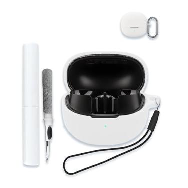 Imagem de Capa para fones de ouvido QCY MeloBuds Pro/HT08A Aadptive Hybrid Active Noise Cancelling, Capa rígida portátil resistente a arranhões com kit de limpeza, mosquetão e cordão, branca