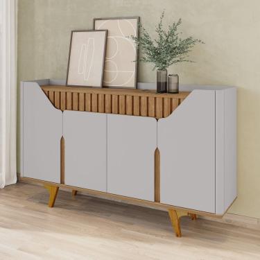 Imagem de Aparador Buffet 4 Portas Mdf Ripado Real Pés de Madeira Maciça Tâmisa Off-White/Cinamomo