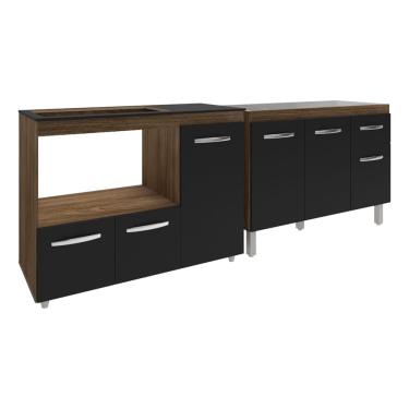 Imagem de Gabinete Cozinha Armário Balcão de Pia 120 cm Aline e Balcão para Fogão Cooktop 5 Bocas e Forno Alana Savana Preto
