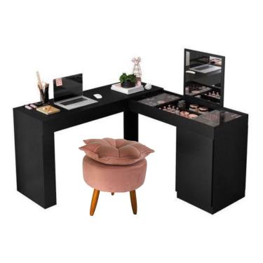 Imagem de Penteadeira Escrivaninha Star Em L Com Puff Preto Com Rosa - Móveis Leartam