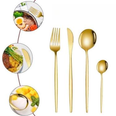 Imagem de Jogo de Talheres 24 Peças Faqueiro talher Aço Inox Cozinha Dourado - 2