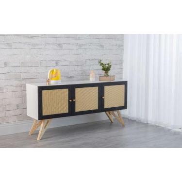 Imagem de Balcão Buffet Para Sala De Jantar Mdf Branco Pés Taeda 3 Portas Pretas