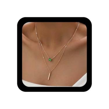 Imagem de Xduargs Colar Boho em camadas de esmeralda sintética, colar de corrente de gota d'água verde zircônia cúbica, vintage, pingente de barra de renda, ajustável, barra vertical, pingente de pescoço, joias