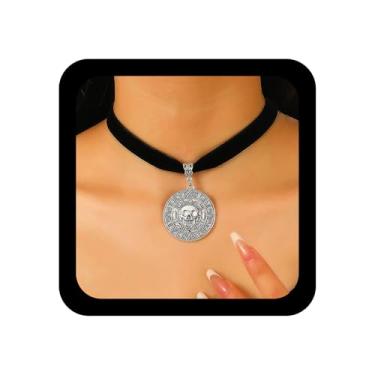 Imagem de Andelaisi Gargantilha Boho com fita de veludo, colar de moeda, medalhão de prata, gótico, preto, vintage, caveira, moeda, colar para mulheres, Zinco, Sem Pedra Preciosa