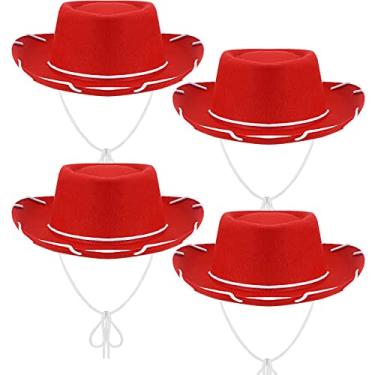 Imagem de Chapéu de cowboy de feltro infantil 4 peças chapéu de vaqueira infantil para festa de aniversário infantil (vermelho)
