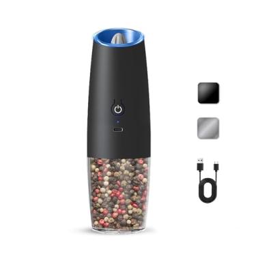Imagem de KIARYUOLL Conjunto de moedor elétrico recarregável de sal e pimenta, conjunto de moedor elétrico de sal e pimenta por gravidade automática, rugosidade ajustável, luz de LED, 1 pacote, (preto)