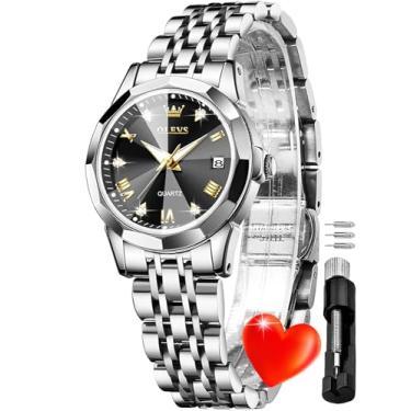 Imagem de OLEVS Relógios femininos prata elegante diamante original pequeno relógio de pulso feminino aço inoxidável dois tons data relógio feminino à prova d'água, Tom preto, Relógio com pulseira de joias