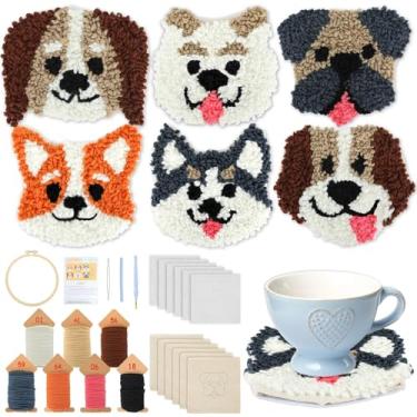 Imagem de Kit de porta-copos de agulha de perfuração para iniciantes, 6 estampas de filhotes, kit de agulhas bordadas com fios de feltro adesivos, bastidores de bordados, ideias de instruções, kits de arte de