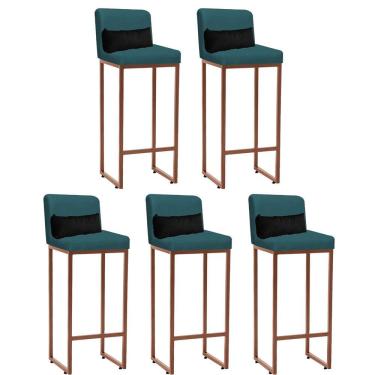 Imagem de Kit 05 Banqueta Alta Com Encosto Industrial Ferro Bronze Suede Azul Turquesa E Almofada Preto