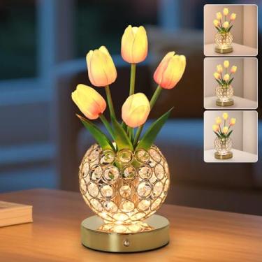 Imagem de Lâmpadas de flor de tulipa, luz noturna de cristal romântico, 3 cores, lâmpadas de flores falsas reguláveis, lâmpada de cabeceira de flores artificiais recarregável por LED, lâmpada noturna decorativa
