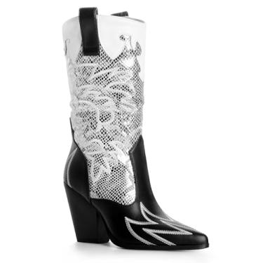 Imagem de ANN CREEK Botas De Cowboy Femininas, Cano Médio, Estilo Cowgirl, Western, Salto Alto, Bico Fino, Largas, Pretas E Cinza, Tamanho 8,5