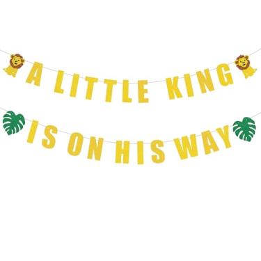 Imagem de Faixa Pre Strung A Little King is on His Way - Faixa dourada com glitter para festa de menino de boas-vindas, leão bebê, safári selva chá de bebê, decorações de festa de chá de bebê, suprimentos