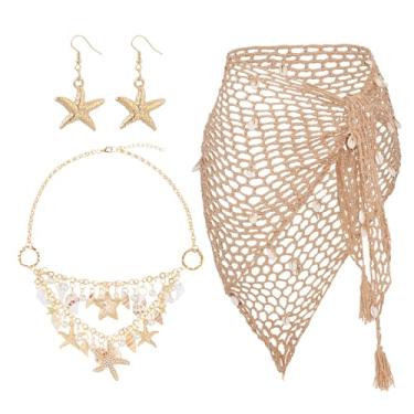 Imagem de 3 peças de fantasia de saia de praia incluindo colar de concha de crochê à mão brincos de estrela para mulheres verão praia roupa de viagem
