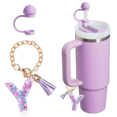 Imagem de HaimiLiya Capa de canudo com corrente de copo com letra inicial para acessórios Stanley Cup, tampa de palha de 10 mm, pingente de copo fofo, roxo