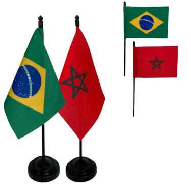 Imagem de Kit Bandeiras de Mesa Brasil e Marrocos, Base e Haste em Plástico Preto, Tecido Oxford, Uma Face