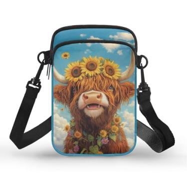Imagem de Xpyiqun Bolsa transversal para celular feminina de lona pequena tiracolo bolsa transversal, Girassol engraçado de vaca Highland, One Size