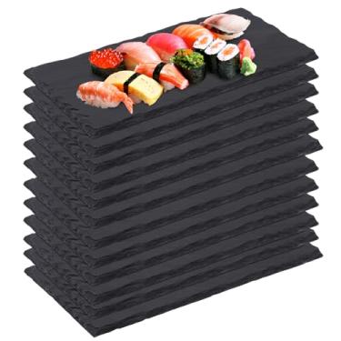 Imagem de IHDYPPEW Pacote com 12 tábuas de queijos de ardósia de 25 x 12 cm, tábuas de charcutaria retângulo preto, pratos de pedra de charcutaria natural para festas, presentes e eventos especiais, queijo