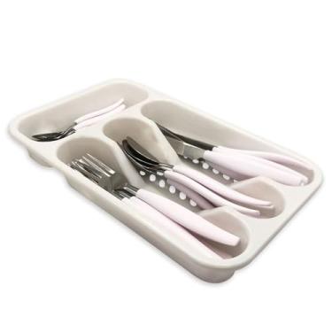Imagem de Conjunto de Talheres em Inox, 25 Peças, Branco, com Porta Talheres, 6 Facas, 6 Garfos, 6 Colheres de Mesa, 6 Colheres de Chá
