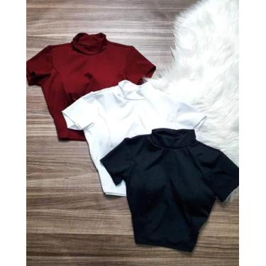 Imagem de Cropped feminino gola alta manga curta basico malha canelada - moda fi