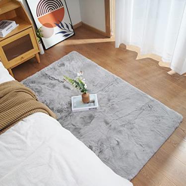 Imagem de Ghouse Tapete de pele de coelho sintética ultra macio, tapetes de área laváveis à máquina para quarto tapetes macios para sala de estar, tapete anti-queda de pele de carneiro cinza 1,2 x 1,8 m