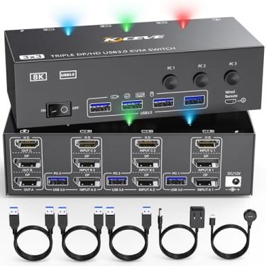 Imagem de KVM Switch 3 Monitores 3 Computadores HDMI + DisplayPort, KCEVE USB 3.0 DP KVM Switcher, 8K @30Hz/4K @ 144Hz Monitor Triplo DP KVM para 3 PCs Compartilhar 3 Monitores e 4 Dispositivos USB 3.0