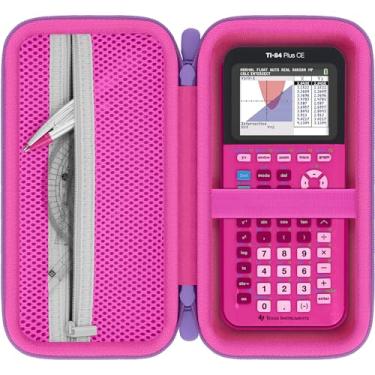 Imagem de Baval Estojo de transporte rígido compatível com calculadora Texas Instruments TI-84 Plus CE/TI-Nspire CX II CAS (caixa vermelha rosa, zíper roxo)