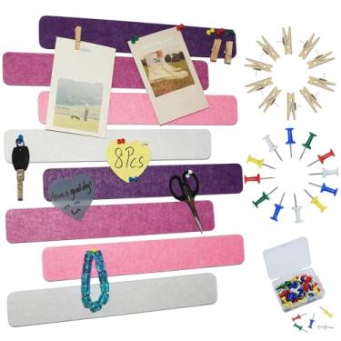 Imagem de YOUDEFUL 8 peças de tiras de quadro de avisos, tiras de barra de feltro rosa roxa com 50 pinos, tiras autoadesivas de placa de cortiça de feltro para parede para exibir suas anotações, fotos,