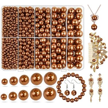 Imagem de Miçangas de pérola marrom para fazer joias, 1750 peças, pérola marrom com furo 4 mm, 6 mm, 8 mm, 10 mm, 12 mm, conta espaçadora solta para colar, pulseira, brincos, anel, gargantilha e decoração de vestido de casamento (marrom)