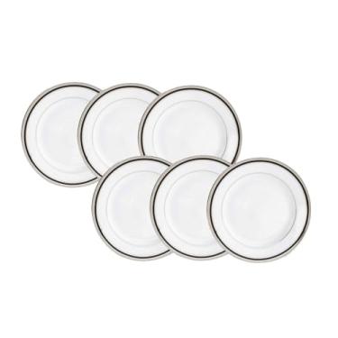 Imagem de Conjunto de 6 Pratos de Sobremesa Noritake Toorak Noir, 21cm, Porcelana Branca com Friso em Platina e Detalhes Pretos