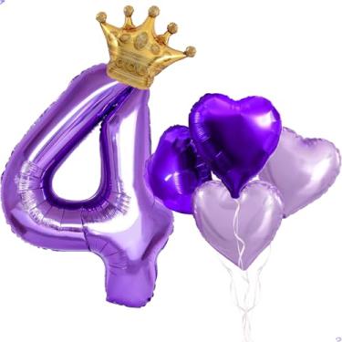 Imagem de Balão grande de coroa roxa número 4 de 101,6 cm para decorações de aniversário de princesa jasmim, balões de aniversário de jasmim para meninas, tema roxo, decorações de festa de aniversário