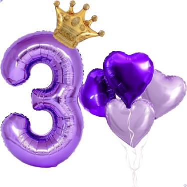 Imagem de Balão grande de coroa número 3 roxo de 101,6 cm para decorações de aniversário de borboleta, balões de aniversário de borboleta Mylar para meninas, decorações de festa com tema roxo, suprimentos