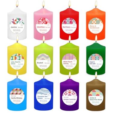 Imagem de Conjunto de velas coloridas perfumadas para casa de 12 a 5 x 7,6 cm - velas de pilar grandes sem gotejamento e sem fumaça, vela de parafina de 50 horas para mesa de jantar, Natal e decoração de casa