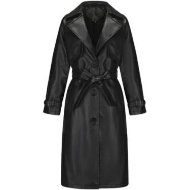 Imagem de Trench Coats Femininos Outono Jaqueta De Couro Longa Feminina Lapela Jaqueta De Couro Pu Jaqueta Feminina Com Cinto, Black, XXL