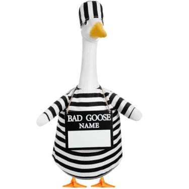 Imagem de Shyyween Fantasia de ganso para alpendre de prisioneiro de Halloween, plástico, gramado, varanda de ganso, roupas de prisioneiro com mau nome, placa de madeira para decoração de arte de pátio ao ar