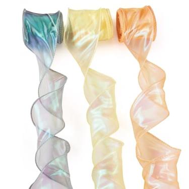 Imagem de Elecrelive 3 cores iridescentes fitas de chiffon arco-íris ondulado fitas decorativas 60 mm acabamento brilhante renda 30 metros para buquê de flores, embrulho de fantasia, artesanato de casamento DIY