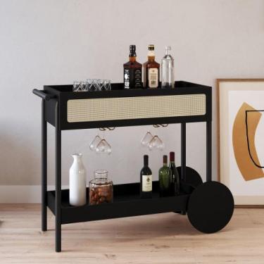 Imagem de Carrinho Bar Eros 1 Gaveta 112cm c/ Porta Taças Palhinha Pé Madeira Bo
