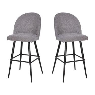 Imagem de Flash Furniture Banquetas de bar sem braço modernas de grau comercial Lyla - Estofamento de linho sintético cinza - banqueta de 76 cm - encosto contornado - armação de aço e apoio para os pés - conjunto de 2