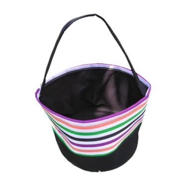 Imagem de SM SunniMix Cesta de doces de Halloween, cesta de armazenamento, decoração de Halloween, suprimentos para festa, bolsa infantil leve para crianças, sacola de, Listras Coloridas