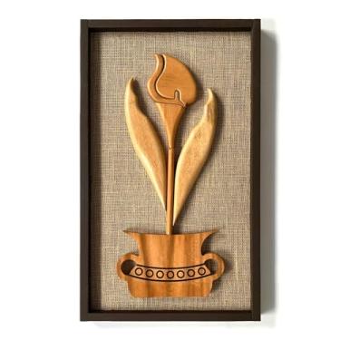 Imagem de Quadro Decorativo Artesanal Flor Copo De Leite Madeira Maciça Fundo Juta 77x46cm