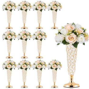 Imagem de Kehail 12 vasos de trompete de ouro - vaso de cristal de metal de 33 cm a granel para flores artificiais, centro de mesa de casamento, decoração de mesa de casa, exibição de arranjo floral falso