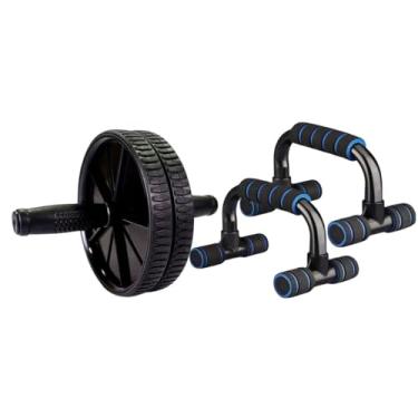 Imagem de Kit Ginástica BRN FITNESS com Rolo Abdominal e Suporte para Flexão – Treino Funcional, Musculação, Abdômen, Lombar, Peito e Braço – Academia, Crossfit e Exercícios em Casa (Preto e Azul)