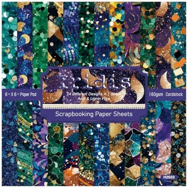 Imagem de ZAKHSE Papel de scrapbook de Natal, 15 x 15 cm, 24 folhas de papelão de lantejoulas douradas verdes e roxas, 24 designs, bloco de papel decorativo com estampa de um lado para fazer cartões de fundo de