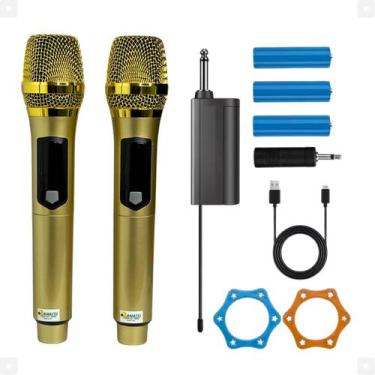 Imagem de Microfone Duplo Profissional Sem Fio Karaoke Bateria Dinâmico Com Espu