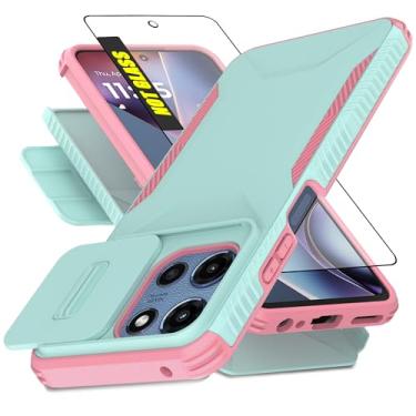 Imagem de AWZHYDT Capa para Motorola Moto G 5G 2025 com 1 protetor de tela HD e capa de câmera deslizante [grau militar] Capa protetora resistente à prova de choque para Moto G 5G 2025 (ciano/rosa)