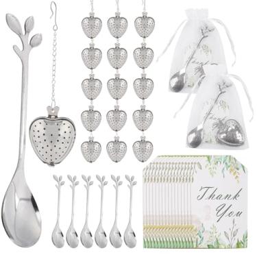 Imagem de 50 conjuntos de lembrancinhas de chá de chá de panela para infusor em forma de coração para colher de chá de folha de convidado solta com cartão de agradecimento, lembrancinhas de casamento