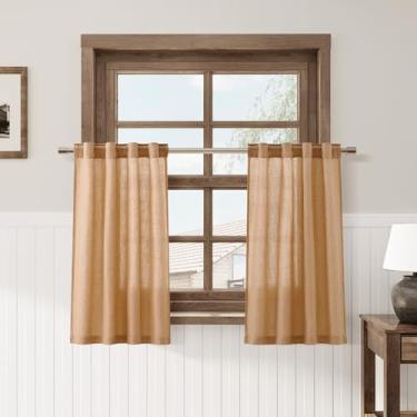 Imagem de Camel Cortinas rústicas para Café Cozinha 76 cm de Comprimento Mistura de Linho Privacidade Filtragem de Luz Cortinas Curtas com Bolso de Haste Aba Traseira Design Plissado para Sobre a Pia Banheiro
