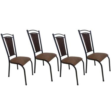Imagem de Kit 4 Cadeira Paris De Cozinha Tubular Preto Aço Estofada Encosto Junco Marrom