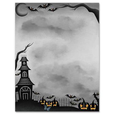 Imagem de Generic AnyDesign Papel timbrado para Dia das Bruxas 60 Folhas de Papel Timbrado Castelo Preto Assustador Abóbora Carta Papel de Escrita Papel de Nota para Festa Escritório Impressão, 21 x 28 cm